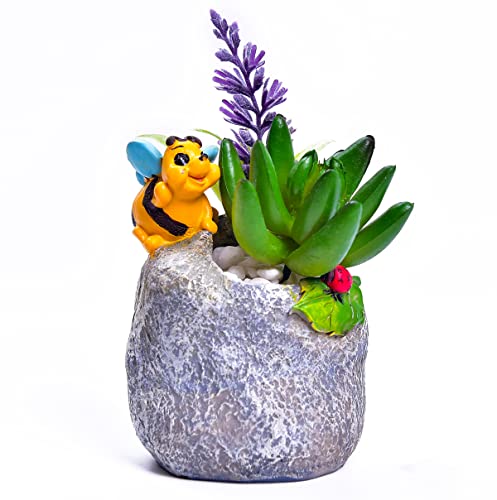 Novelty and Cute Little Bee Flowerpot with Drainer Garden Flowerpot Resin Succulent Potted Bonsai Plant Stand Home Office Desk Mini Ornaments Does Not Contain Plants