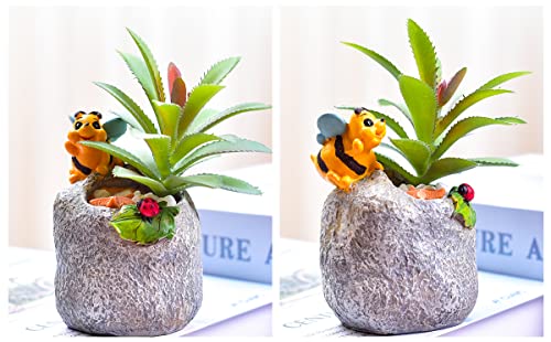 Novelty and Cute Little Bee Flowerpot with Drainer Garden Flowerpot Resin Succulent Potted Bonsai Plant Stand Home Office Desk Mini Ornaments Does Not Contain Plants