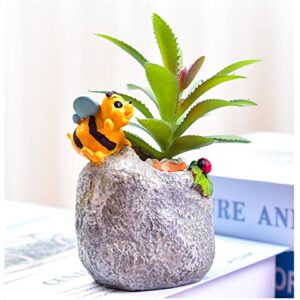 Novelty and Cute Little Bee Flowerpot with Drainer Garden Flowerpot Resin Succulent Potted Bonsai Plant Stand Home Office Desk Mini Ornaments Does Not Contain Plants