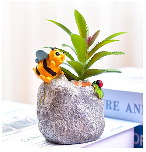 Novelty and Cute Little Bee Flowerpot with Drainer Garden Flowerpot Resin Succulent Potted Bonsai Plant Stand Home Office Desk Mini Ornaments Does Not Contain Plants