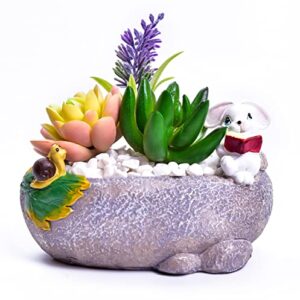 Novelty and Cute White Rabbit and Snail Flowerpot with Drainer Garden Flowerpot Resin Succulent Potted Bonsai Plant Stand Home Desk Mini Ornaments Without Plants