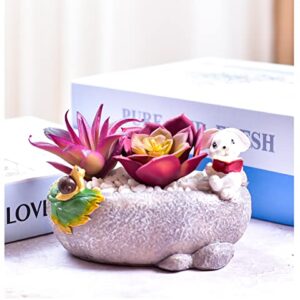 Novelty and Cute White Rabbit and Snail Flowerpot with Drainer Garden Flowerpot Resin Succulent Potted Bonsai Plant Stand Home Desk Mini Ornaments Without Plants