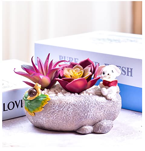 Novelty and Cute White Rabbit and Snail Flowerpot with Drainer Garden Flowerpot Resin Succulent Potted Bonsai Plant Stand Home Desk Mini Ornaments Without Plants