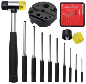 roll pin punch set, 14pcs removing repair tools, including universal block, pin punches and hammer(pin punches + block)