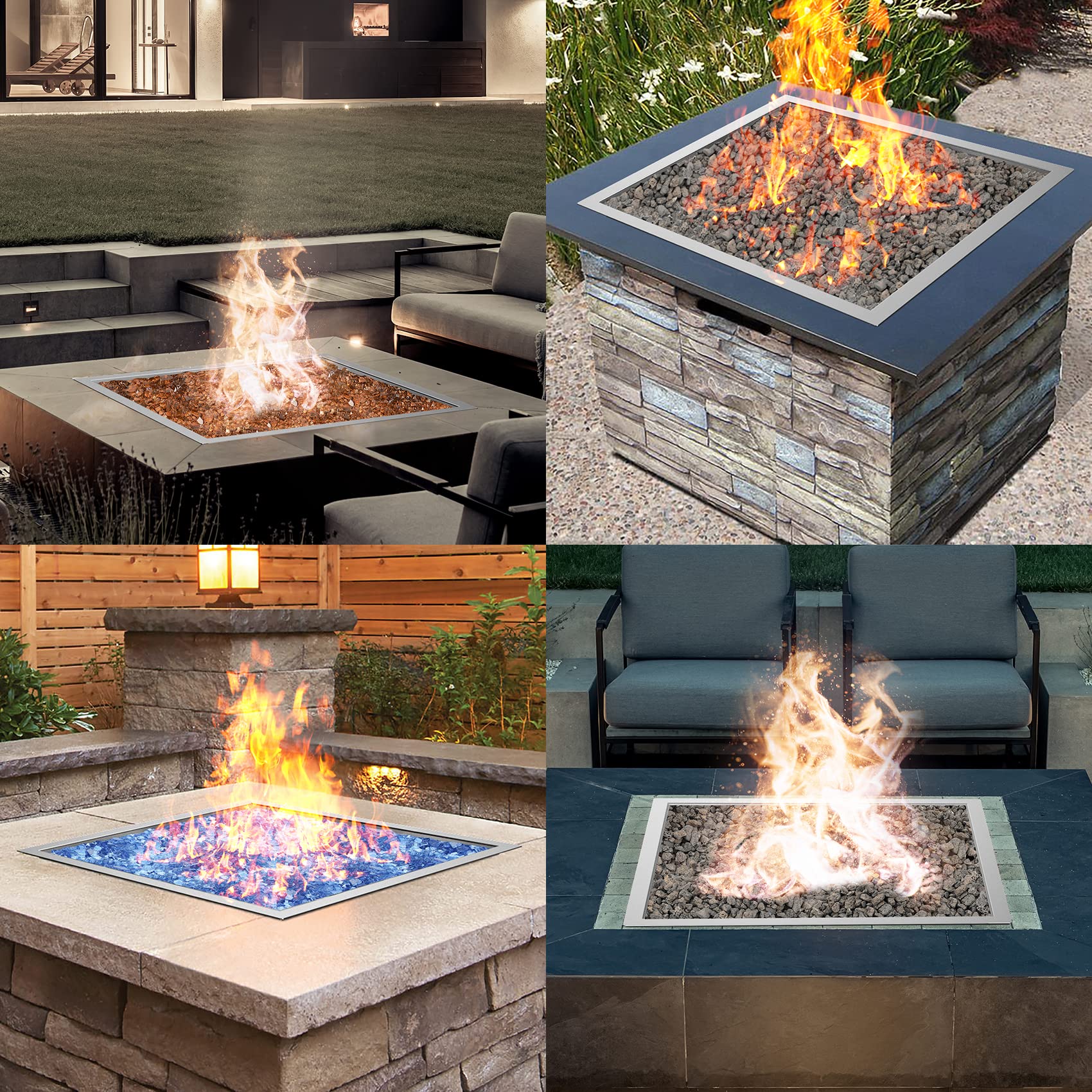 Skyflame 24" x 24" Square Stainless Steel Drop-in Fire Pit Kit with Fire Pit Burner Pan, Fire Burner Ring and Protective Lid, Suitable for Indoor or Outdoor DIY Firepit