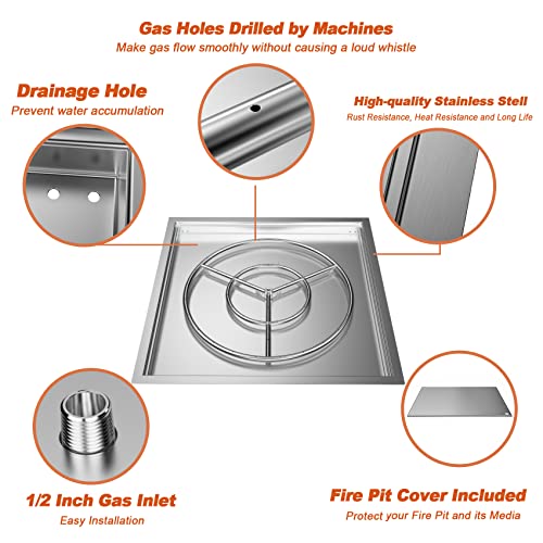 Skyflame 30" x 30" Square DIY Drop-in Firepit System Assembly Set with Stainless Steel Fire Pit Burner Pan, Burner Ring and Protective Cover, Fit for Both Natural Gas and Liquid Propane