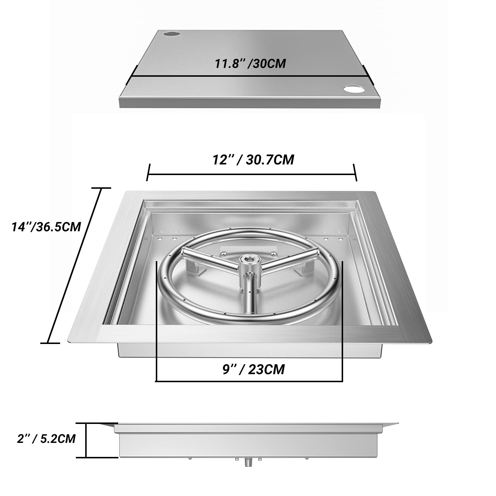 Skyflame 12 inch Square Stainless Steel Drop in Fire Pit Burner Pan with Burner Ring and Protective Cover, Outdoor DIY Firepit Kit for Both Natural Gas and Liquid Propane