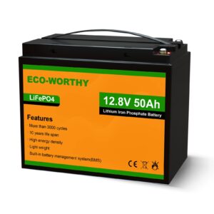 eco-worthy 12v 50ah lifepo4 lithium battery 3000+ cycles rechargeable iron phosphate battery built-in bms, perfect for travel trailer, trolling motor, rv, marine, solar, power wheel chair group 22nf