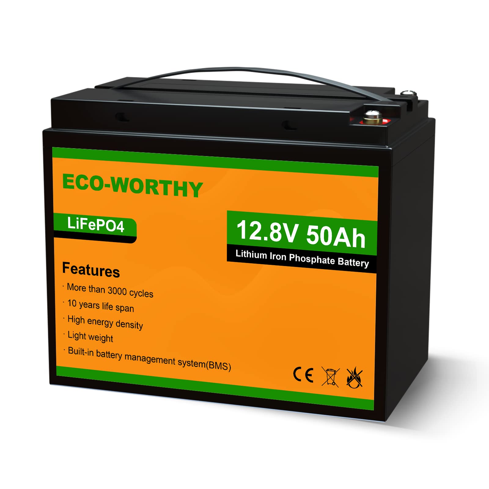 ECO-WORTHY 12V 50Ah LiFePO4 Lithium Battery 3000+ Cycles Rechargeable Iron Phosphate Battery Built-in BMS, Perfect for Travel Trailer, Trolling Motor, RV, Marine, Solar, Power Wheel Chair Group 22NF