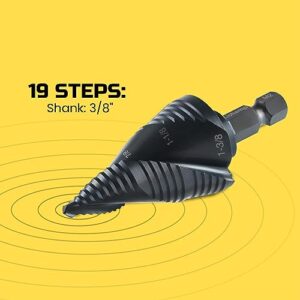 Lichamp Unibit Step Drill Bit for Metal, Genuine M2 Drill Stepper Bit for Hard Metal Heavy Duty, 19 Sizes from 3/16" to 1-3/8", Spiral Grooved with 3/8" Quick Change Drive, C3BK