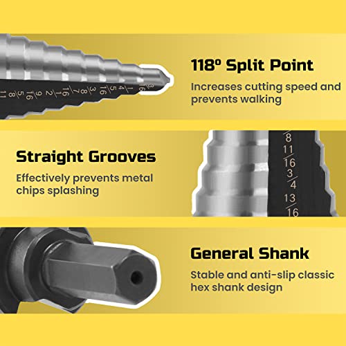 Lichamp Unibit Step Drill Bit for Metal, Genuine M2 Drill Stepper Bit for Hard Metal Heavy Duty, 12 Sizes from 3/16" to 7/8", Dual Straight Grooved with Hex Drive, A3BK