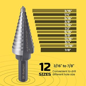 Lichamp Unibit Step Drill Bit for Metal, Genuine M2 Drill Stepper Bit for Hard Metal Heavy Duty, 12 Sizes from 3/16" to 7/8", Dual Straight Grooved with Hex Drive, A3BK