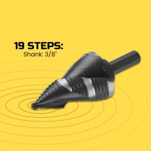 Lichamp Unibit Step Drill Bit for Metal, Genuine M2 Drill Stepper Bit for Hard Metal Heavy Duty, 19 Sizes from 3/16" to 1-3/8", Spiral Grooved with Hex Drive, C1BK