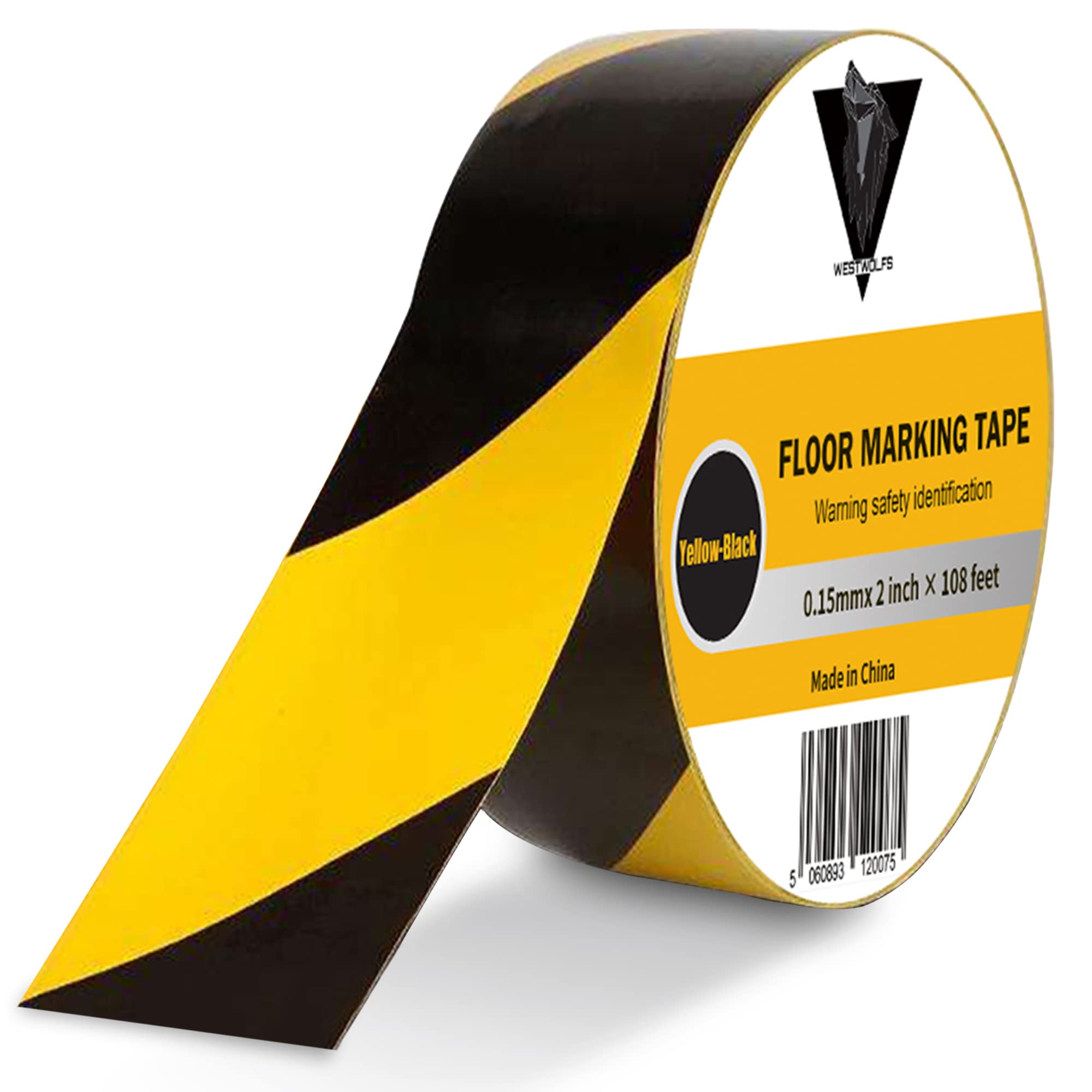 WESTWOLFS Black & Yellow Safety Tape - 2 Inch 108 Feet Sturdy Floor Tape - Warning Tape for Marking Construction Sites and Hazardous Areas, Water Proof Caution Tape for Indoor, Outdoor