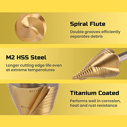 Lichamp Unibit Step Drill Bit for Metal, Genuine HSS M2 Drill Stepper Bit for Hard Metal Heavy Duty, 19 Sizes from 3/16" to 1-3/8", Spiral Grooved with Hex Drive, C2GD