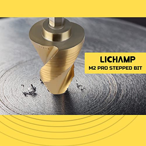 Lichamp Unibit Step Drill Bit for Metal, Genuine HSS M2 Drill Stepper Bit for Hard Metal Heavy Duty, 19 Sizes from 3/16" to 1-3/8", Spiral Grooved with Hex Drive, C2GD
