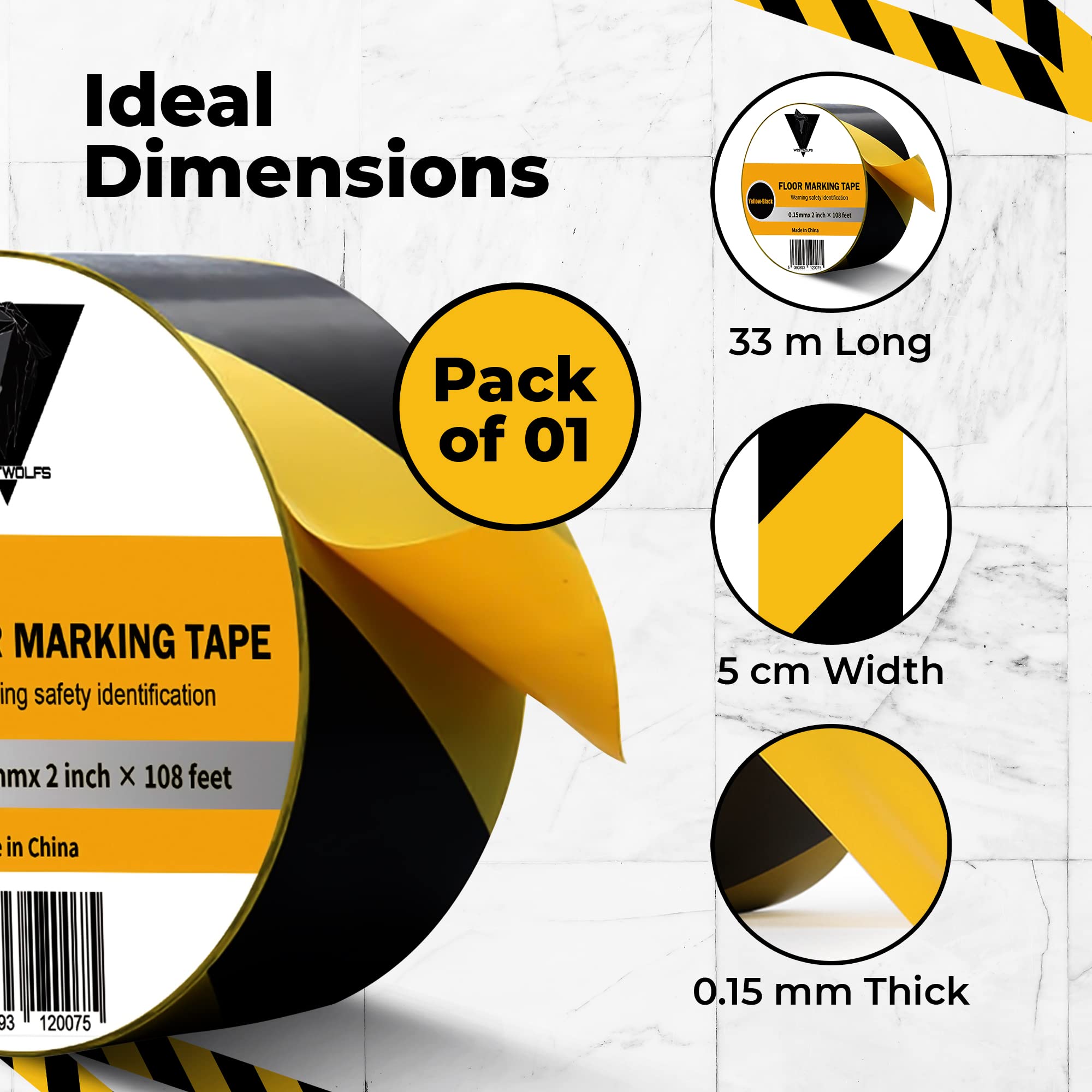 WESTWOLFS Black & Yellow Safety Tape - 2 Inch 108 Feet Sturdy Floor Tape - Warning Tape for Marking Construction Sites and Hazardous Areas, Water Proof Caution Tape for Indoor, Outdoor