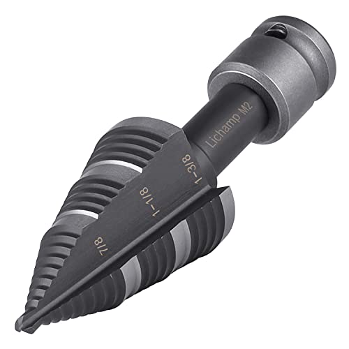 Lichamp Unibit Step Drill Bit for Metal, Genuine HSS M2 Impact Wrench Stepper Bit for Hard Metal Heavy Duty, 19 Sizes from 3/16" to 1-3/8", Dual Straight Grooved with 1/2" Square Drive, A5BK