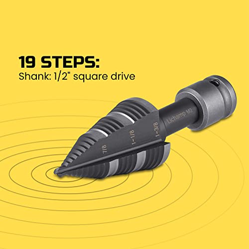 Lichamp Unibit Step Drill Bit for Metal, Genuine HSS M2 Impact Wrench Stepper Bit for Hard Metal Heavy Duty, 19 Sizes from 3/16" to 1-3/8", Dual Straight Grooved with 1/2" Square Drive, A5BK