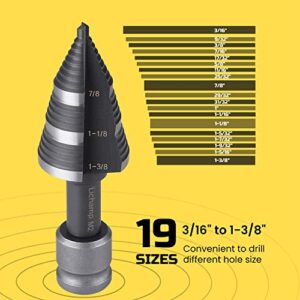 Lichamp Unibit Step Drill Bit for Metal, Genuine HSS M2 Impact Wrench Stepper Bit for Hard Metal Heavy Duty, 19 Sizes from 3/16" to 1-3/8", Dual Straight Grooved with 1/2" Square Drive, A5BK