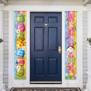 funnytree happy easter day porch sign colorful eggs bunny welcome yard banner polyester home house garden door rabbit wall hanging decorations windproof backdrop party supplies 11.8" x 70.9" 2pcs