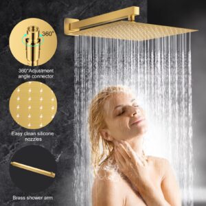 NERDON Shower System, 12 Inch Brushed Gold Shower Faucet Set with Rain Handheld, Wall Mounted Shower Faucet sets Complete for Bathroom Shower Fixtures Rough in Valve Body and Trim Kit