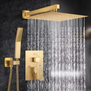 NERDON Shower System, 12 Inch Brushed Gold Shower Faucet Set with Rain Handheld, Wall Mounted Shower Faucet sets Complete for Bathroom Shower Fixtures Rough in Valve Body and Trim Kit