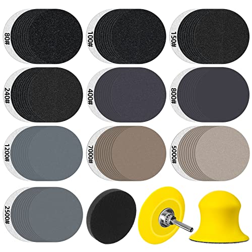 100PCS 2 Inch Sanding Discs Assorted 80-7000 Grits 2” Wet/Dry Sander Pads with 1/4” Shank Backing Plate and Hook & Loop Soft Foam Buffering Pad for Drill Grinder Rotary Tools Attachment