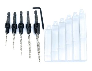 ftg usa wood countersink drill bit set 5 pc countersink drill bit #4, 6, 8, 10, 12, with 6 storage containers for tapered countersink drill bits with 1/4" hex shank quick change and allen wrench