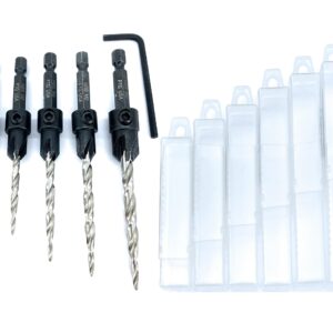 FTG USA Wood Countersink Drill Bit Set 5 Pc Countersink Drill Bit #4, 6, 8, 10, 12, with 6 Storage Containers for Tapered Countersink Drill Bits with 1/4" Hex Shank Quick Change and Allen Wrench