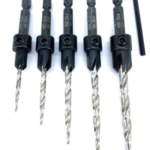 FTG USA Wood Countersink Drill Bit Set 5 Pc Countersink Drill Bit #4, 6, 8, 10, 12, with 6 Storage Containers for Tapered Countersink Drill Bits with 1/4" Hex Shank Quick Change and Allen Wrench