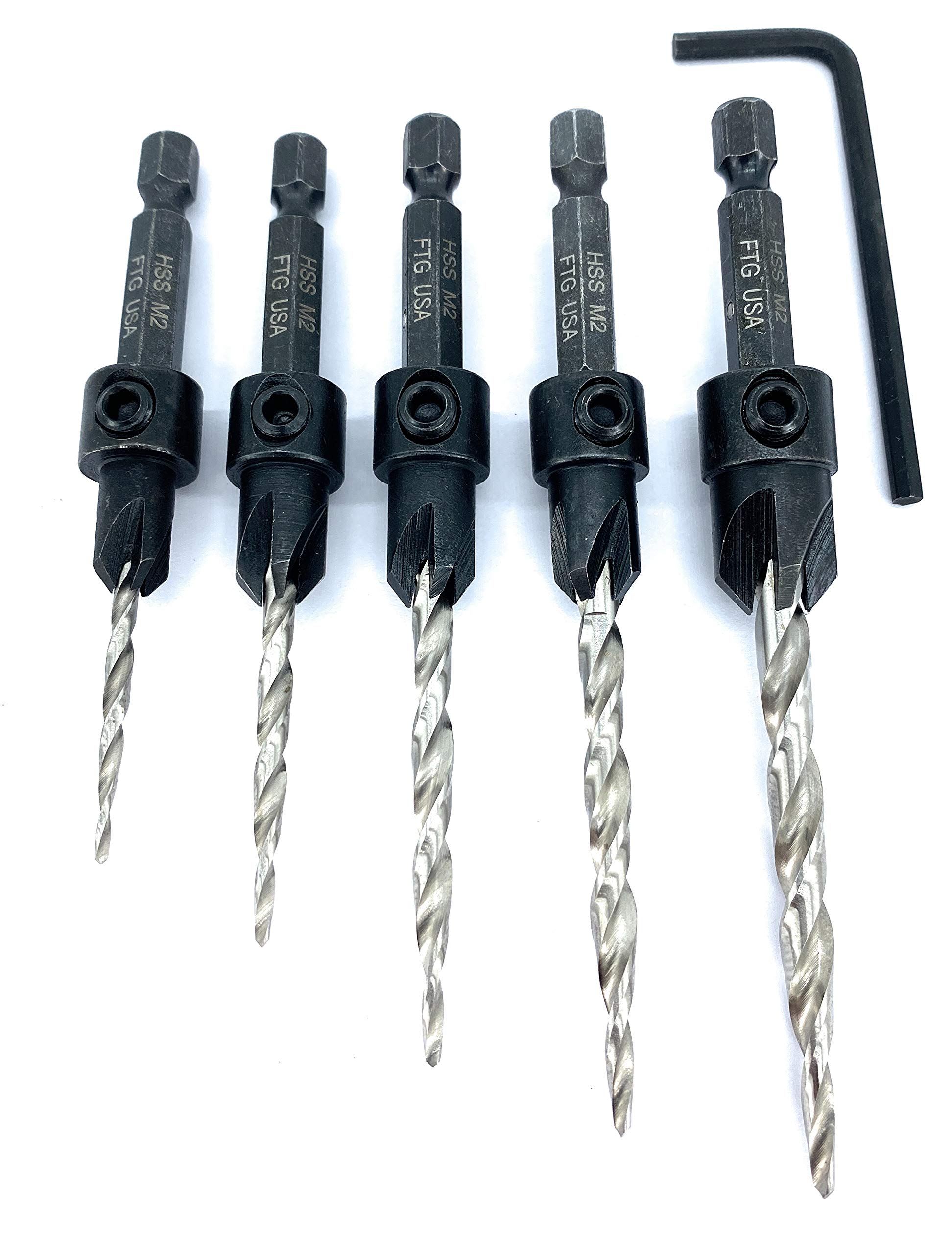 FTG USA Wood Countersink Drill Bit Set 5 Pc Countersink Drill Bit #4, 6, 8, 10, 12, with 6 Storage Containers for Tapered Countersink Drill Bits with 1/4" Hex Shank Quick Change and Allen Wrench