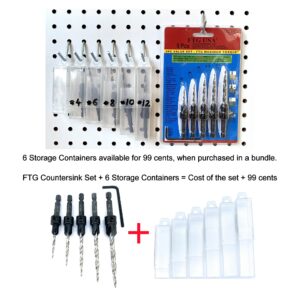 FTG USA Wood Countersink Drill Bit Set 5 Pc Countersink Drill Bit #4, 6, 8, 10, 12, with 6 Storage Containers for Tapered Countersink Drill Bits with 1/4" Hex Shank Quick Change and Allen Wrench