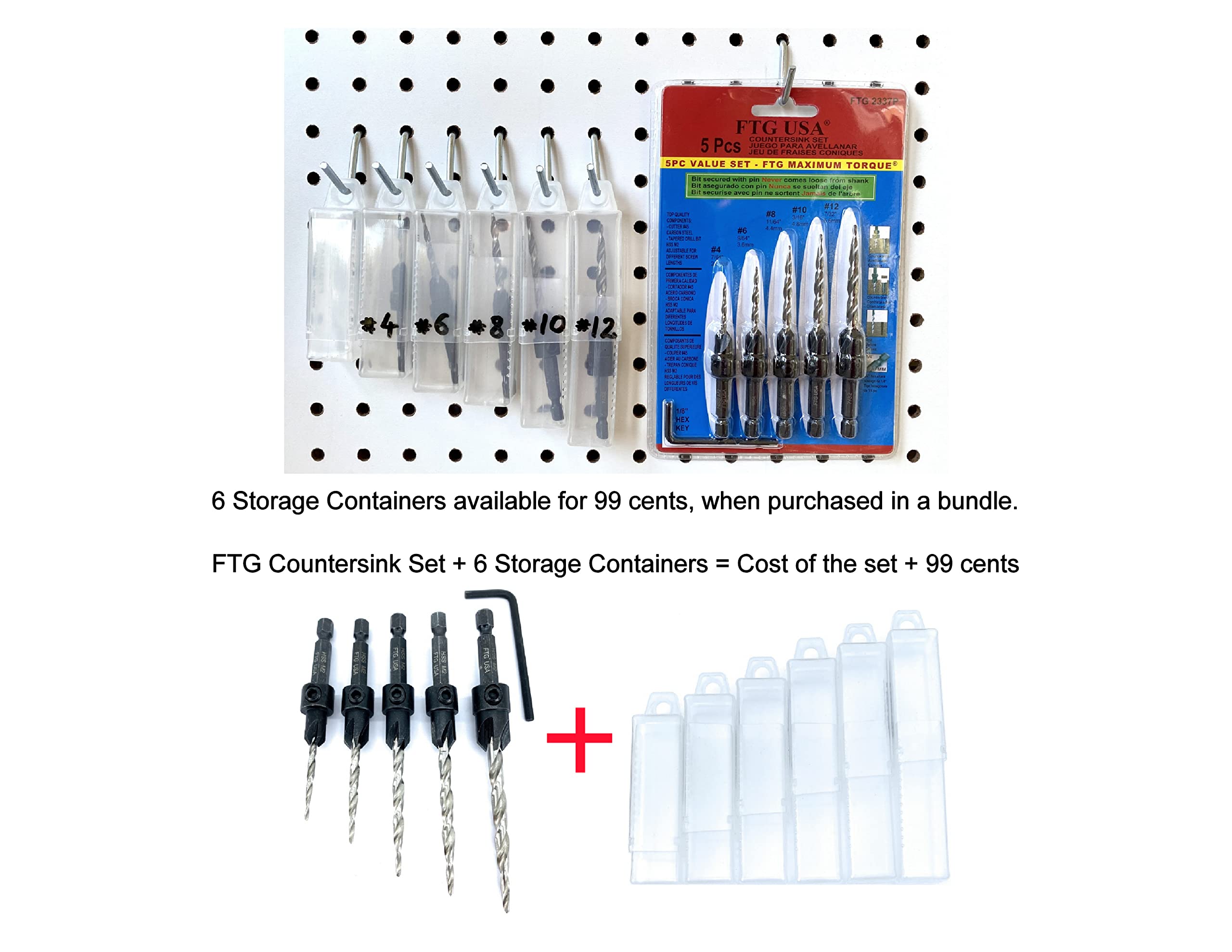 FTG USA Wood Countersink Drill Bit Set 5 Pc Countersink Drill Bit #4, 6, 8, 10, 12, with 6 Storage Containers for Tapered Countersink Drill Bits with 1/4" Hex Shank Quick Change and Allen Wrench