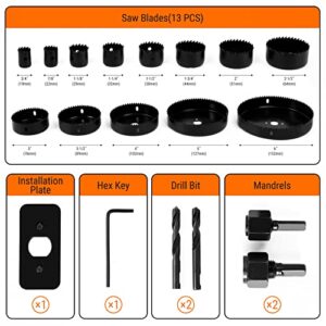 Meiwaltee Hole Saw kit,19PCS Hole Saw Set with 3/4"-6"(19-152mm) 13PCS Saw Blades,2 Mandrels,2 Drill Bits,1 Installation Plate,1 Hex Key,Ideal for Soft Wood,Plywood,Drywall,PVC Board