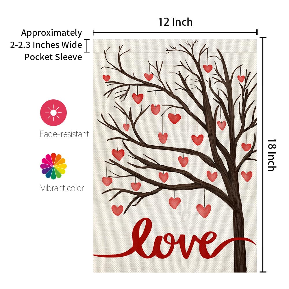 CROWNED BEAUTY Valentines Day Garden Flag 12×18 Inch Love Heart Tree Double Sided for Outside Small Burlap Holiday Yard Decoration