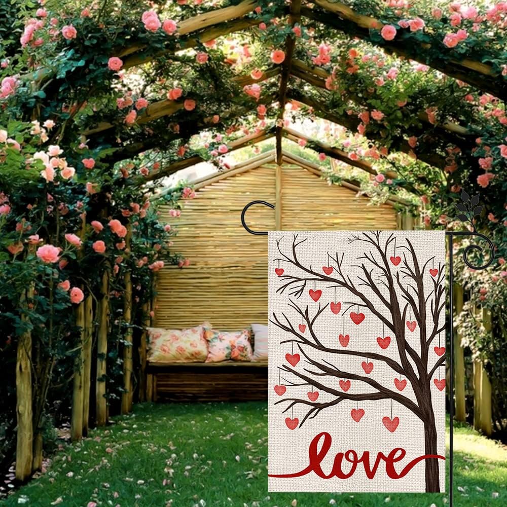 CROWNED BEAUTY Valentines Day Garden Flag 12×18 Inch Love Heart Tree Double Sided for Outside Small Burlap Holiday Yard Decoration