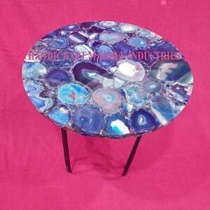 12" Inch Agate Table, Round Blue Agate Coffee Table with Hair Pin Style Metal Base, Stone Coffee Table, Agate Table Top, Agate Round Coffee Table, Agate Side Table Home Decor