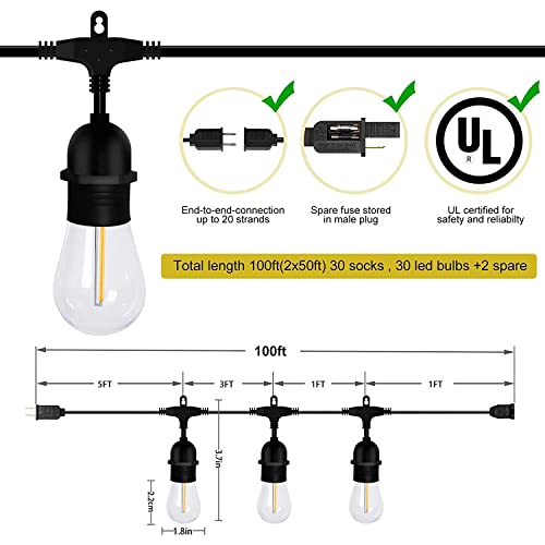 Outdoor String Lights 100FT Dimmable Edison Shatterproof Bulbs Commercial Grade Weatherproof LED outdoor lights Cafe Patio Light with 32 LED Bulbs 2Packx 50ft Outside Light for Indoor and Outdoor Use