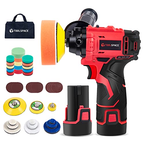 TOOLSPACE 12V Cordless Buffer Polisher, 3" Mini Car Detailing Buffer & Sander Machine Kit with 2 Li-Ion Batteries, 46pcs Variable Speed Trigger for Auto/DIY Polishing/Sanding/Waxing