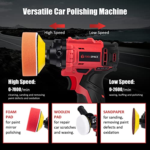 TOOLSPACE 12V Cordless Buffer Polisher, 3" Mini Car Detailing Buffer & Sander Machine Kit with 2 Li-Ion Batteries, 46pcs Variable Speed Trigger for Auto/DIY Polishing/Sanding/Waxing