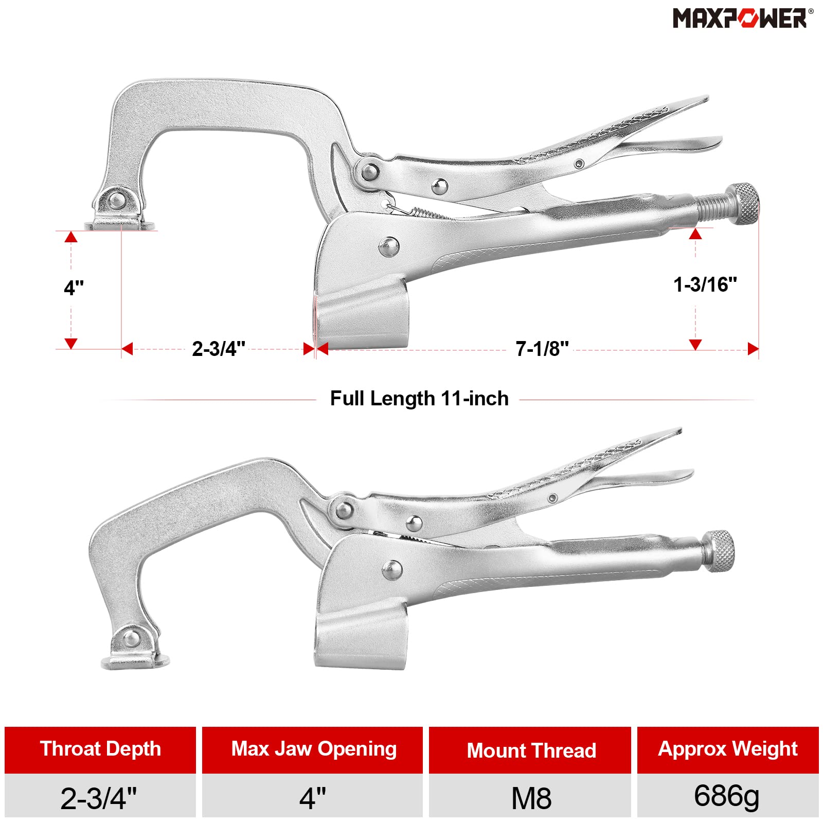 MAXPOWER Bench Clamp 11-inch, Welding Table Mount Locking C-Clamps, Pack of 2