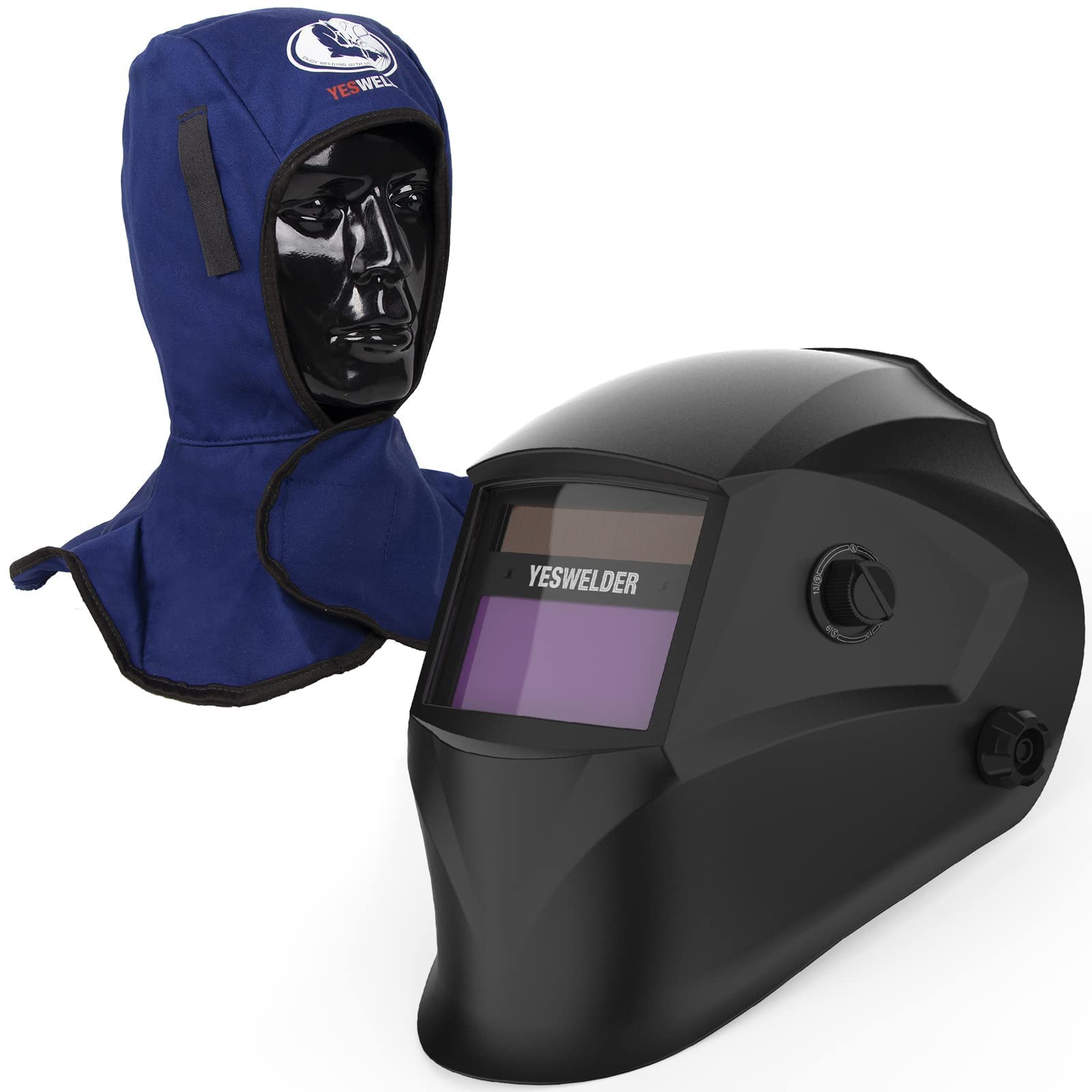 YESWELDER True Color Solar Powered Auto Darkening Welding Helmet, Wide Shade 4/9-13 with Grinding for TIG MIG ARC Weld Hood Welder Mask&Blue Welding Hood Welding Cap