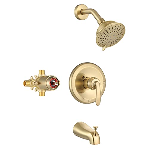 PARLOS Shower System, Brushed Gold Shower Faucet Set with Tub Spout(Valve Included), 5-Setting Mode Shower Head and Tub Spout with Diverter, Multi-Function Wall Mounted Shower Bathtub Combo, 1436908