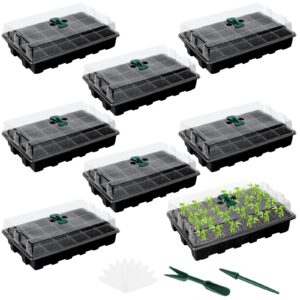 elcoho 8 pack 192 cells seed starter tray kit seedling tray propagator plant grow tray with humidity dome and base plastic planter for greenhouse germination starter, 24 cells per tray, black