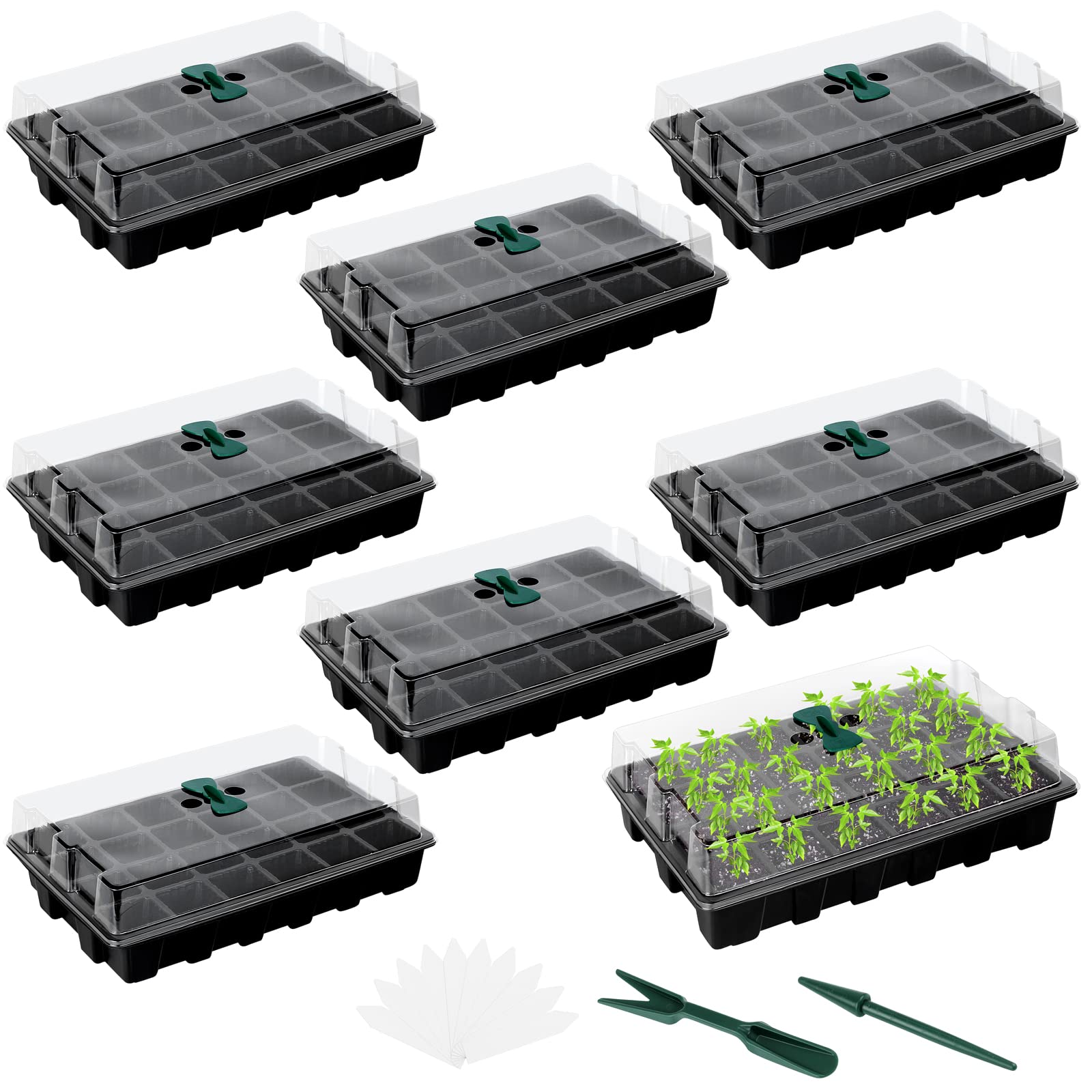 Elcoho 8 Pack 192 Cells Seed Starter Tray Kit Seedling Tray Propagator Plant Grow Tray with Humidity Dome and Base Plastic Planter for Greenhouse Germination Starter, 24 Cells per Tray, Black