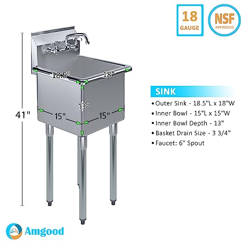 Stainless Steel Prep & Utility Sink With Faucet | 304 Stainless Steel | NSF | Inner Bowl Size:15" x 15" | Overall Size: 18.5" x 18" | Restaurant, Kitchen, Laundry, Garage