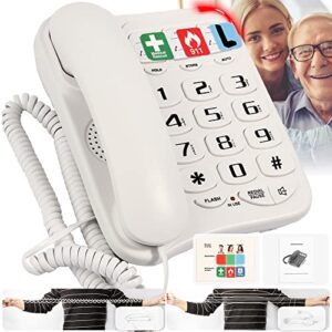 big button phone for seniors, telephones for hearing impaired, 9 picture labels and 3 picture keys, extra long 16.4' cord simple landline phones for seniors, white