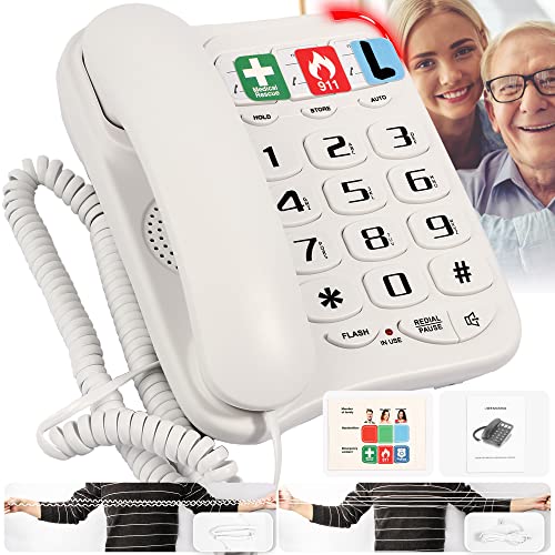 Big Button Phone for Seniors, Telephones for Hearing Impaired, 9 Picture Labels and 3 Picture Keys, Extra Long 16.4' Cord Simple Landline Phones for Seniors, White