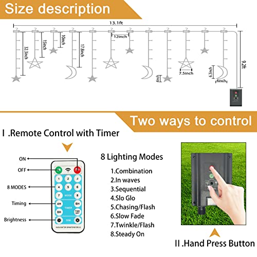 Solar Star Moon String Lights Outdoor with Remote 8 Modes Solar Curtain Lights Waterproof Fairy Lights Solar Powered Window LED Lights Timer Starry Lights for Garden Patio Yard Ramadan Decoration